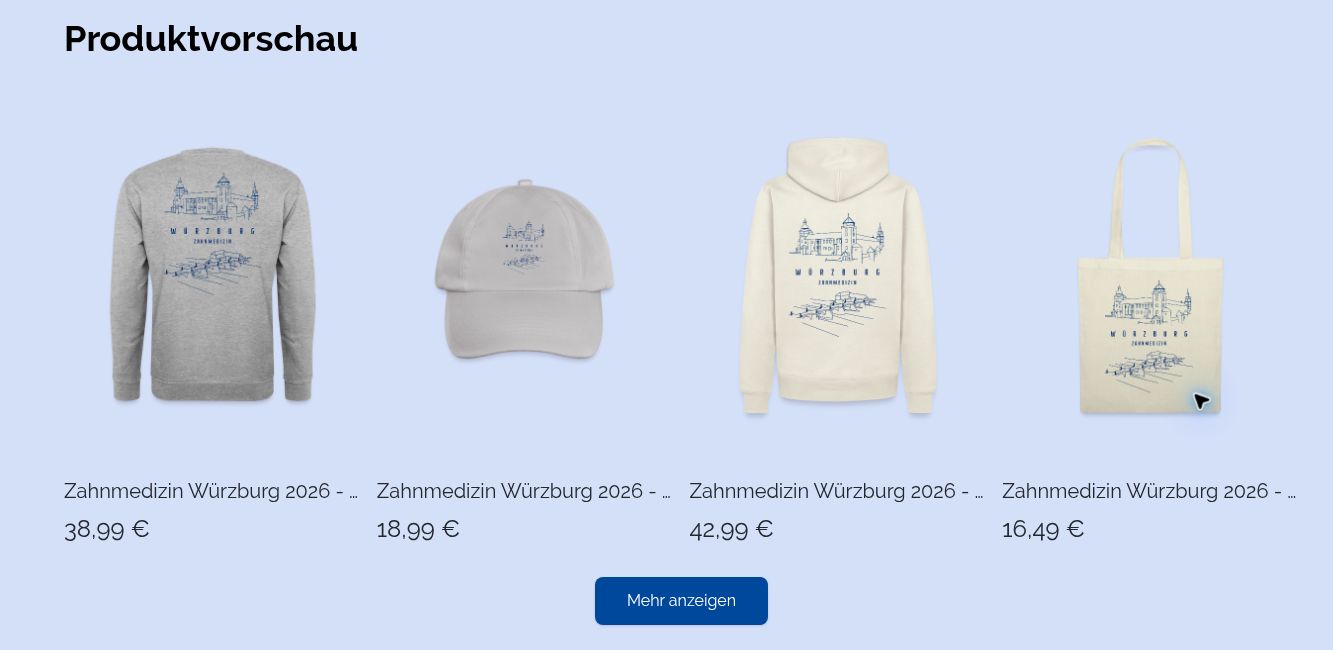 Produktvorschau des Merch-Shops der Fachschaft Zahnmedizin Würzburg